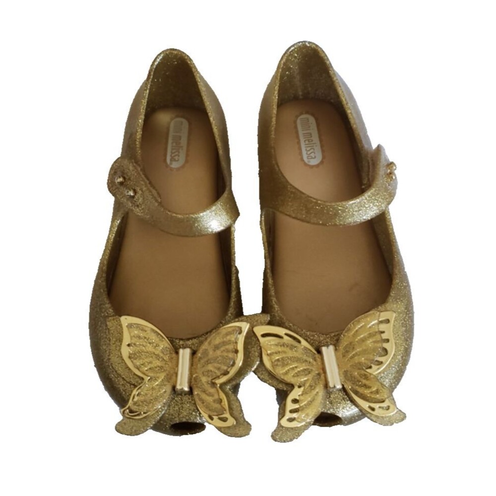 Mini Melissa Girl Sweet Love Fly jelly ballet flats gold Butterfly Toddler Sz 10